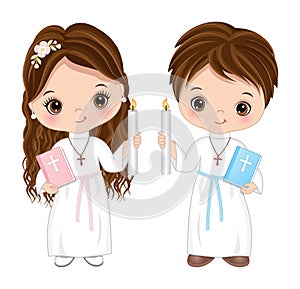 First Communion for Kids. Vector 1st Communion for Cute Little Girl and Boy