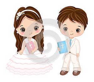 First Communion for Kids. Vector 1st Communion for Cute Little Girl and Boy