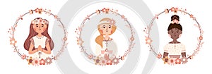 First communion vector set praying girls with Bible