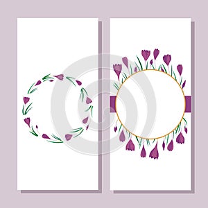 First crocuses wreath and golden circle spring fresh floral botanical seasonal card template set