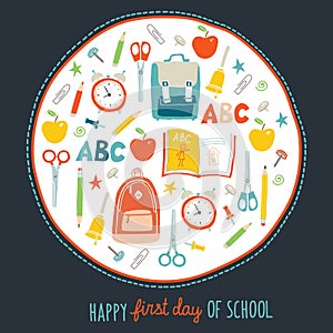 First day of school background. Card concept. Poster design. Set of funny hand drawn school icons. Vector clip art eps