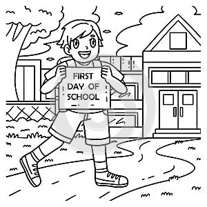 First Day of School Child with a Sign Coloring