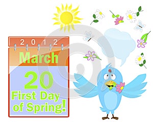 First Day of Spring. Calendar and blue bird.