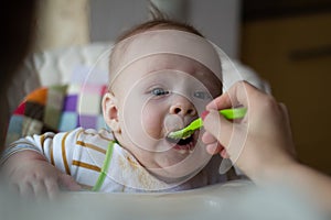 The first feeding of the baby from the spoon. Mom feeds baby homogenized chopped food with a spoon. child care.