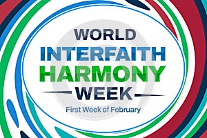 First Full week of February is celebrated as World Interfaith Harmony week, colorful design with typography and shapes