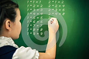 First grade schoolgirl wrote multiplication table on blackboard with chalk