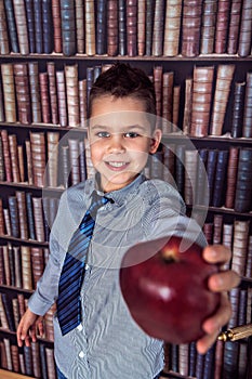 First-grader boy with red apple