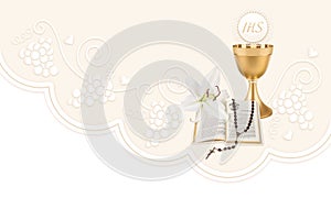 The first Holy Communion, an illustration with a cup, a host, bible, lily and rosary