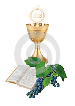 The first Holy Communion, an illustration with a cup, a host, bible and wine