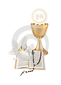 The first Holy Communion, an illustration with a cup, a host, a lily, a bible and a rosary