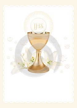 The first Holy Communion, an illustration with a cup, a host and white lily