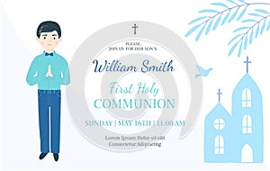 First Holy Communion invitation design template. Christian boy pray .