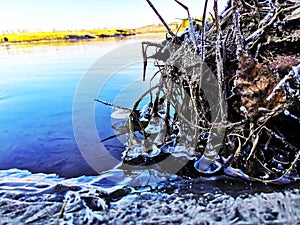 First ice on the river, ice on the river, ice on the grass