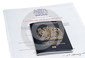 First Iconic blue post brexit 2021 style British passport with naturalization certificate