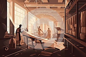 First Industrial Revolution Textile Factory, Workers Operating Mechanical Looms