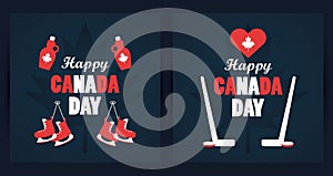 First july canada day celebration poster with mapple syrup bottles and skates