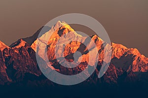 First light on Mount Kanchenjugha, Himalayan mountain range