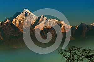 First light on Mount Kanchenjugha, Himalayan mountain range