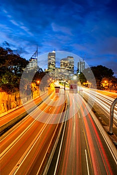 First lights in the City of Sydney at dusk