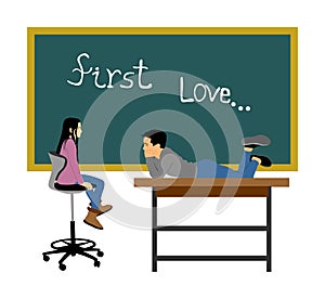 First love concept. Young boy and girl in classroom. Togetherness in front of blackboard.