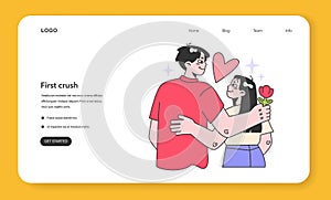 First love or crush web banner or landing page. Cute romantic couple