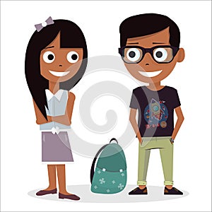 First love at school. Boy and girl isolated on white background. Vector illustration of Valentines Day. Characters schoolchildren.