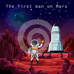 First man in spacesuit exploring red planet mars