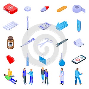 First medical aid icons set, isometric style