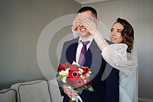 first meeting of newlyweds in love. groom is waiting for bride