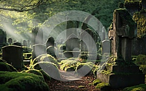 The first morning rays illuminate the moss-covered tombstones.