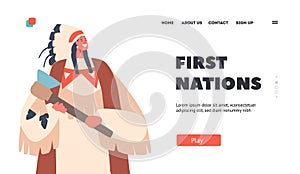 First Nations Landing Page Template. Warlike Indian American Male Character with Pigtails and Axe. Indigenous Warrior