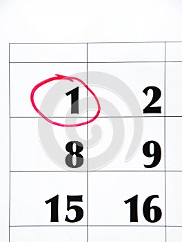 The first number in the calendar is circled in red in macro. Calendar for plans, notes, meetings. Business calendar