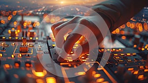 First Officer Pressing Button on Airplane Cockpit Control Panel During Flight