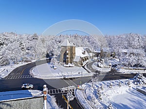 First Parish Church aerial view, Weston, MA, USA