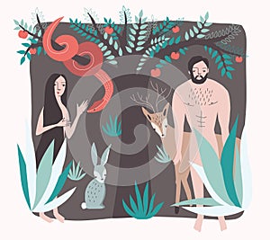 First people. Vector illustration lost paradise flat style. Adam and Eve in garden of eden with snake, animal, apple