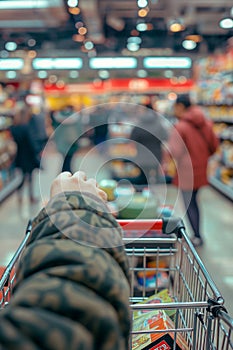 First-person perspective photo of a man pushing a cart with hands in a supermarket store