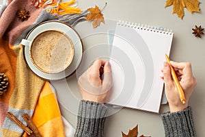 First person top view photo of girl`s hands in sweater writing in reminder cup of coffee saucer plaid yellow maple leaves pine