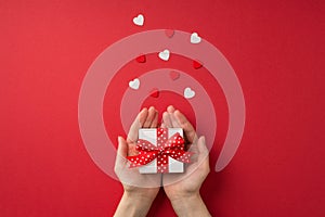 First person top view photo of valentine`s day decorations female hands holding small white giftbox with red dotted ribbon bow on