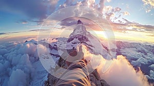 First-person view of a climber's legs overlooking a mountain peak at sunrise.