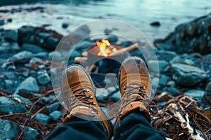 First-person view of a hiker in boots resting in front of a campfire next to a lake. Copy space