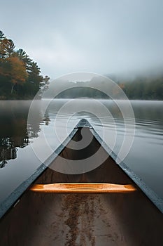 first person view of kayak boat at mountain lake with fog, pov canoe at misty river