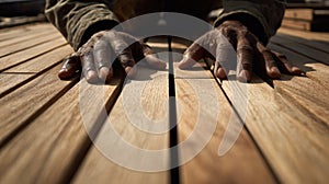 First-Person View of Shipwright Aligning Teak Decking Planks with Precision