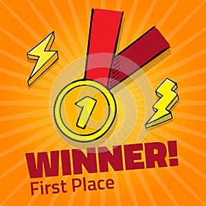 First place award gold medal with red ribbon on yellow background, icon with lightning