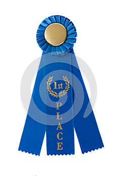 A first place blue ribbon isolated on white