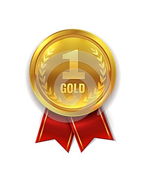 First place. Golden award medal or orden symbol with red ribbon for champion and winner isolated vector illustration photo