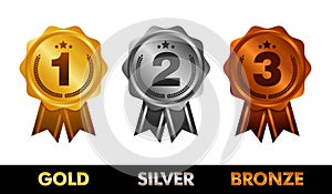 First place. Second place. Third place. Award Medals Set isolated on white with ribbons and stars. Vector illustration