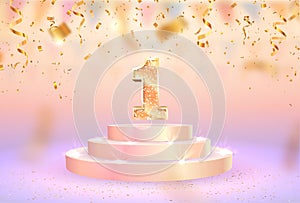 First place vector illustration. First anniversary celebration. Number one on pedestal web banner. Gold podium for