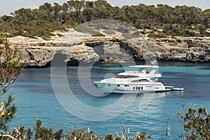 First plane of a yatch in Cala Mondrago view from the sea, Mondrago Natural Park, Majorca