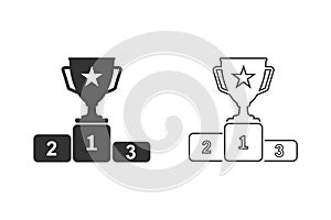 First prize gold trophy line icon set, trophy, winner, first prize, runner-up prize, vector illustration and icon.