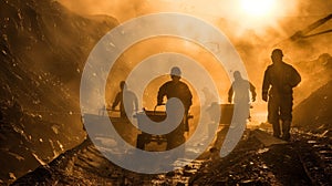 The first rays of dawn peek through the dustfilled air of the mine casting a hazy light on a group of miners hauling